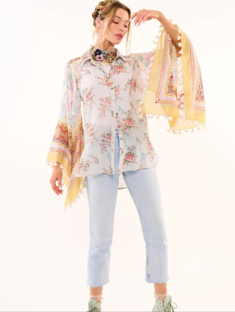 Aratta Silent Journey Floral, Embroidered, Flare Scarf Sleeves Blouse